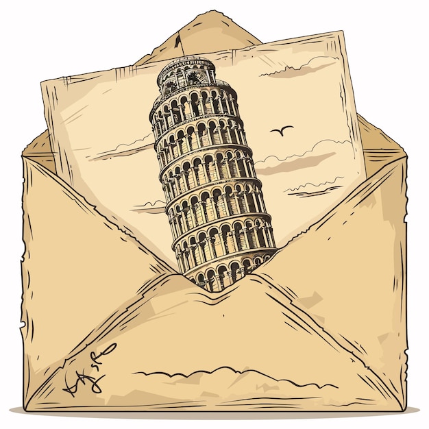 Vector envelope_with_hand_drawn_leaning_tower_of_pisa