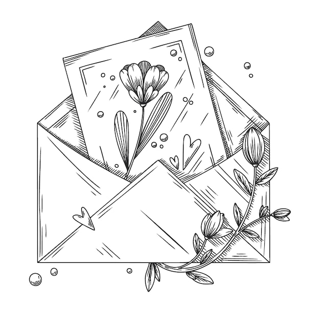 Envelope with postcard, flowers and hearts. Holiday package. Vector illustration in sketch style.