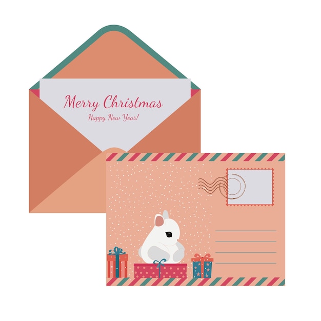 An envelope with a postcard and the inscription merry christmas and new year an envelope with a cute christmas bunny the symbol of the new year 2023 vector illustration