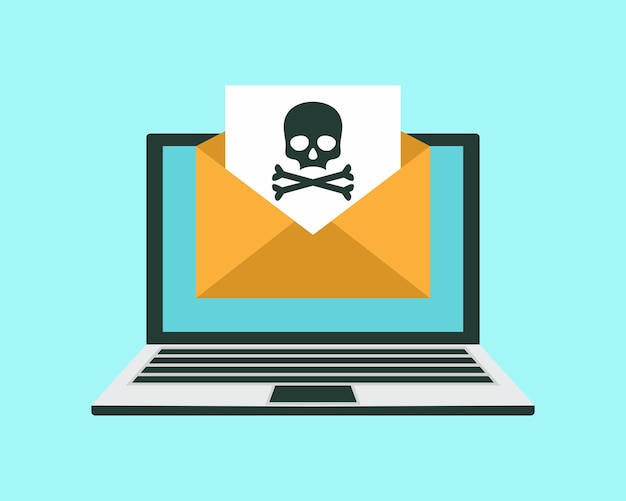 envelope with skullon the laptop screen concept of virus piracy hacking and security white skull with crossbones on black sheet