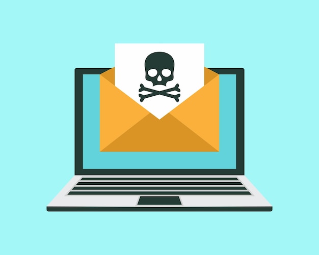 Envelope with skullon the laptop screen Concept of virus piracy hacking and security White skull with crossbones on black sheet