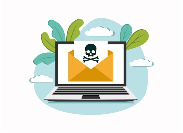 Envelope with skullon the laptop screen Concept of virus piracy hacking and security White skull with crossbones on black sheet