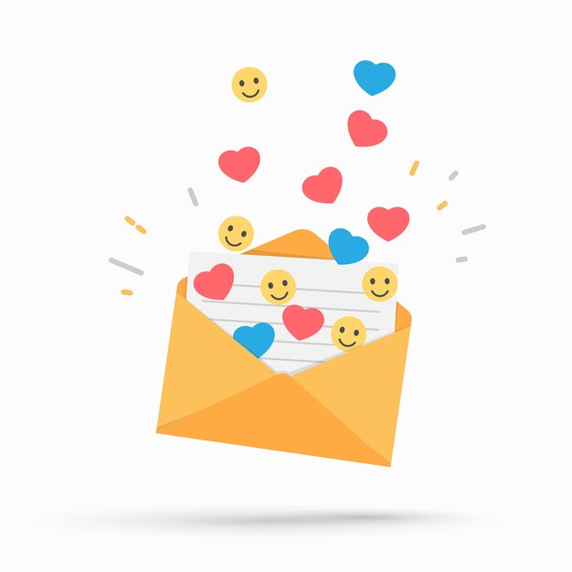 Envelope with smile, like and notification icons. 