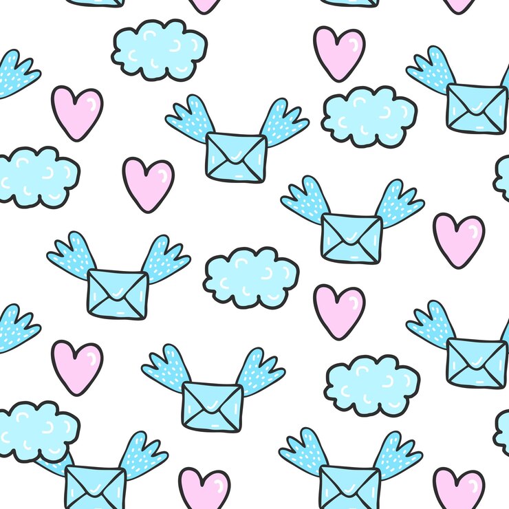 Vector envelope with wings hearts and clouds seamless pattern