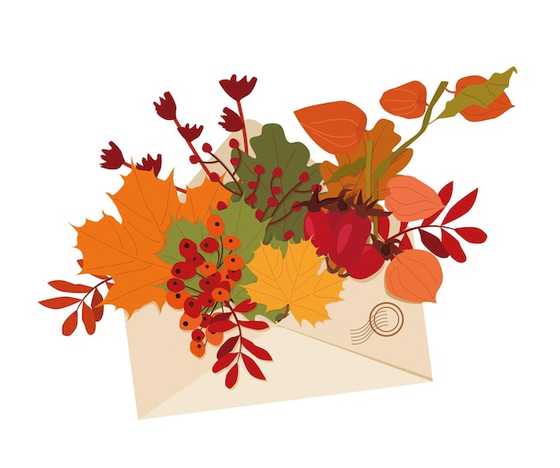 Конверт с желтыми кленовыми и дубовыми листьями, рябиной, шиповником и плодами физалиса Здравствуй, осень