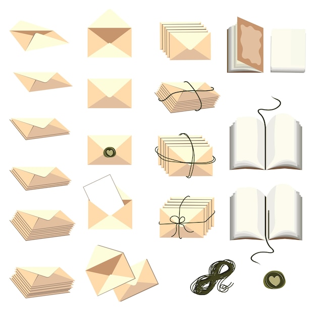 Envelopes and diaries set vector illustration isolated on white background