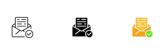 チェック マーク付きの手紙と封筒対応メール チャットのセキュリティ白い背景に分離された行の黒とカラフルなスタイルのアイコンのベクトルを設定