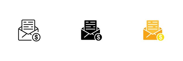 Envelopes with a letter with a dollar sign Work remotely salary mail chat Vector set of icons in line black and colorful styles isolated on white background