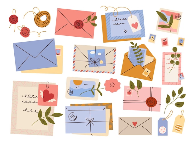 Vector envelopes with postmarks and letters paper postal elements twigs of plants sealing wax and twine vintage sending messages postcards and flowers post stamps vector correspondence set