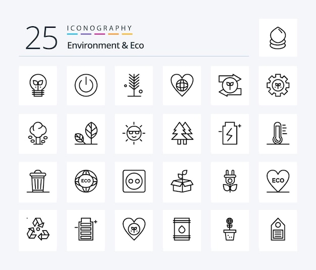 環境とエコ 25 ラインのアイコン パックには、心、環境、電力、エコロジー、夏が含まれます。