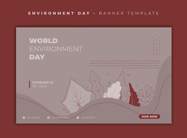 Environment day template design with simple line art of leaves in red brown design