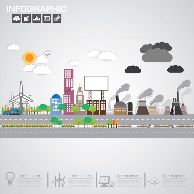 Vettore ecologia ambientale elementi infografici rischi e ecosistema di inquinamento può essere utilizzato per il layout di sfondo banner diagramma modello di brochure web design