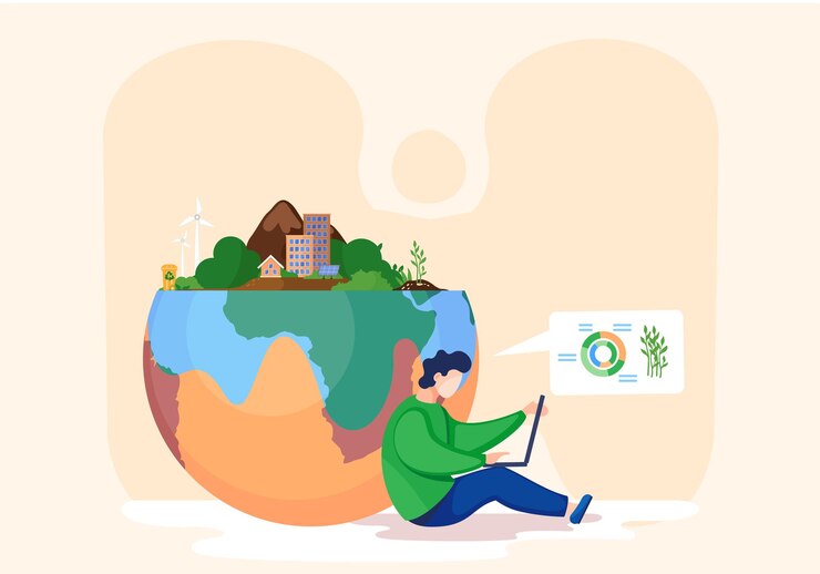 Vector environment ecology protection concept a man take care of earth planet and environmental nature