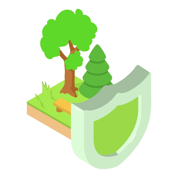 Vector environment protection icon isometric vector shield on forest area background ecology concept