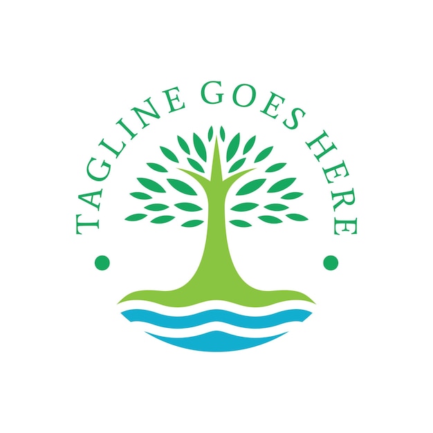 Concetto di logo dell'acqua dell'albero dell'ambiente con uno stile di colore verde e blu piatto