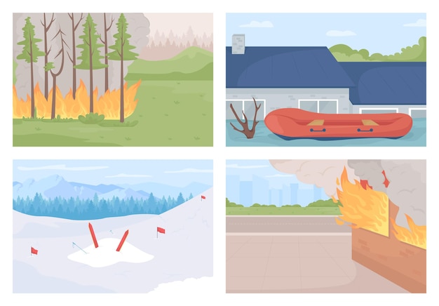 Set di illustrazioni vettoriali a colori piatti disastri ambientali. incidenti naturali. eventi meteorologici catastrofici. inondazioni e incendi collezione di paesaggi di cartoni animati 2d con paesaggi naturali sullo sfondo