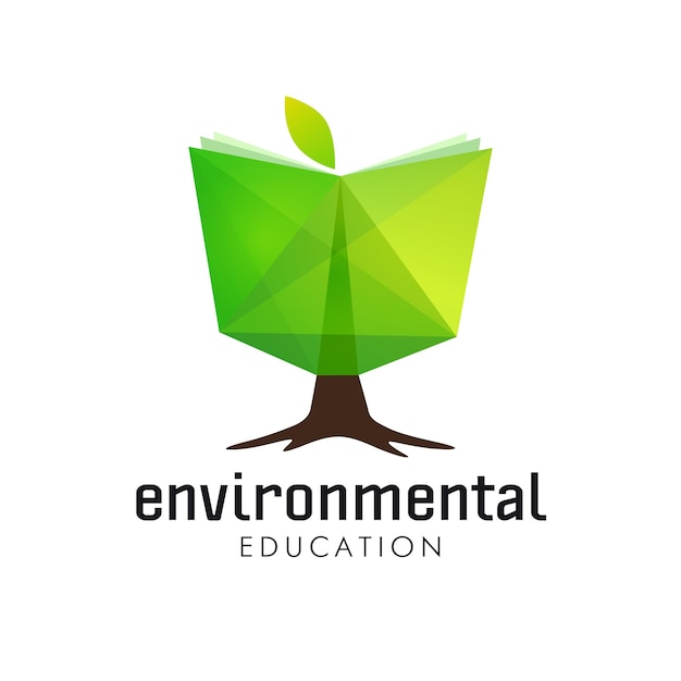 Vettore concetto del logo dell'educazione ambientale libro verde creativo icona dell'albero elementi isolati