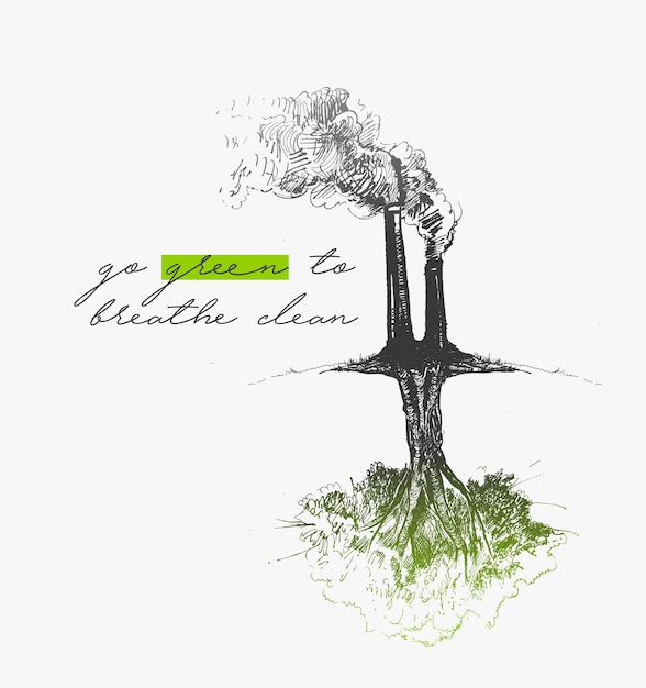 Vector environmental factory air pollution with text of go green hand drawn sketch vector illustration