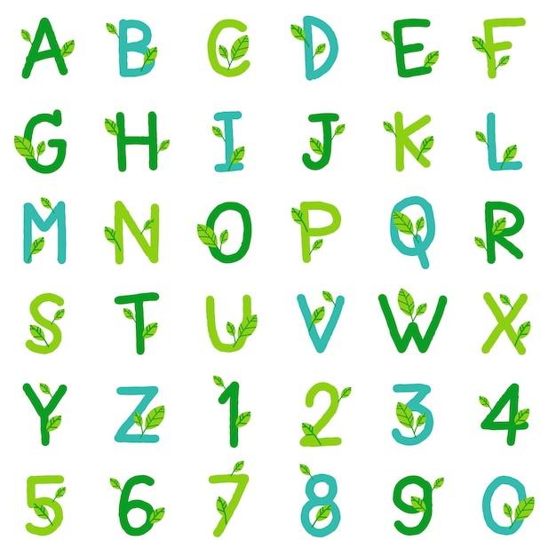 Environmental Green Eco Environment Day Leaf Font Letter Cartoon Hand Draw Alphabet Numeric Vector