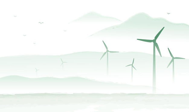 environmental ink style horizontal illustration landscape and windmill