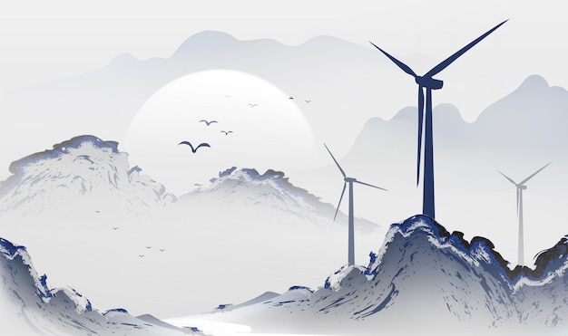 environmental ink style horizontal illustration of wind energy and city