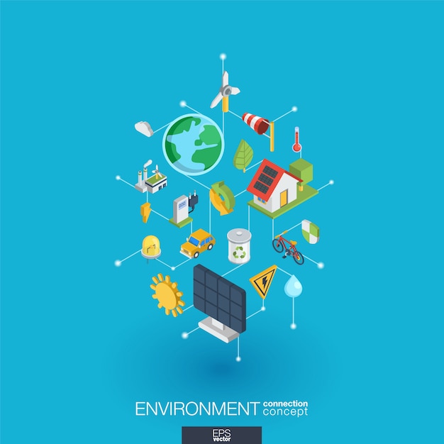 Environmental integrated  web icons. Digital network isometric interact concept. Connected graphic  dot and line system. Abstract background for ecology, recycle and energy.  Infograph