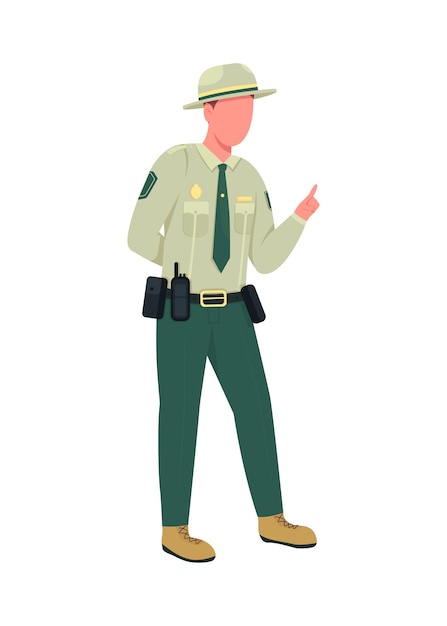 Environmental police male officer flat color faceless character. Instructor in uniform with badge. Law enforcement man isolated cartoon illustration for web graphic design and animation