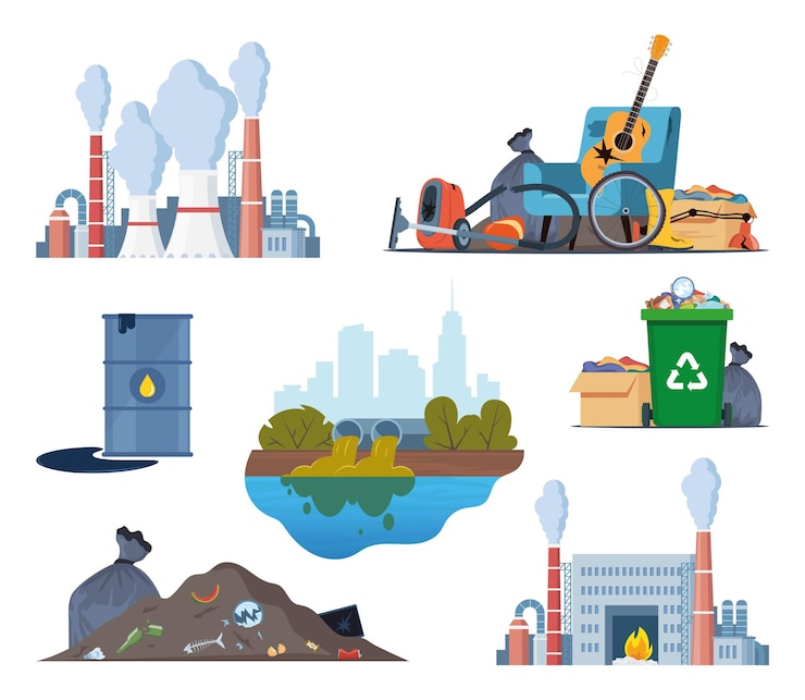 Vector environmental pollution ecological concept pollution of land water and air