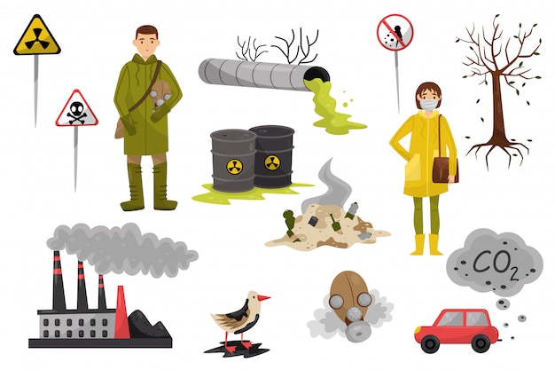 Environmental pollution problems set, pollution of air and water, deforestation, warning signs  Illustrations on a white background