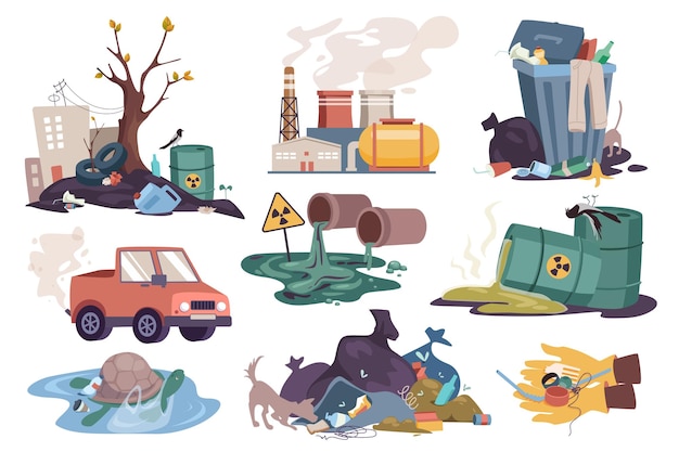 환경 오염은 평평한 디자인의 그래픽 요소를 설정합니다. 덤프 쓰레기 공장 배출 쓰레기 수거통 자동차는 배럴 및 기타 벡터 일러스트레이션에서 분리된 개체에 독성 폐기물을 배출합니다.