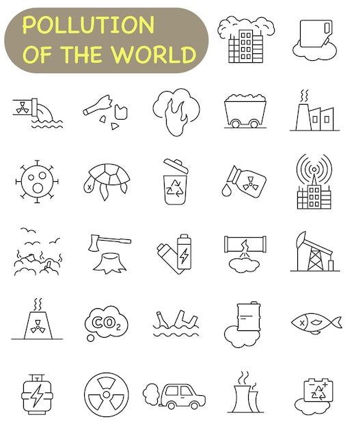 Vector environmental pollution thin line pollution icons causes and consequences of environmental pollution