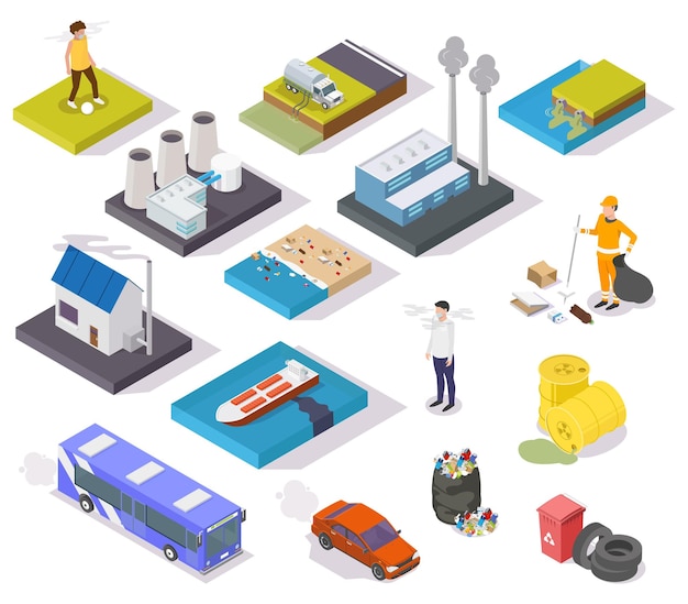 Vector environmental pollution types vector flat isometric flowchart