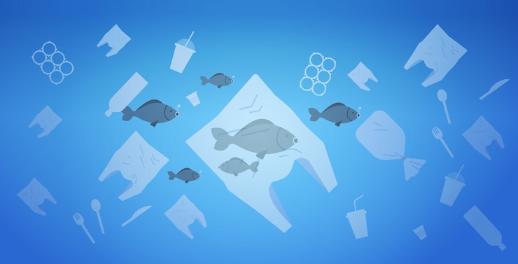 Vector environmental problem of plastic rubbish pollution in ocean save the earth concept bags and other polluting waste floating in water flat horizontal