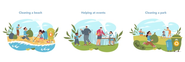 environmental stewardship set energetic kids cleaning beach of trash supporting events and tidying