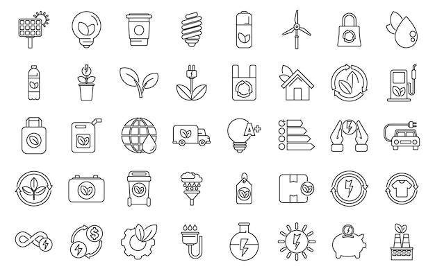 Environmentally friendly consumption icons set outline vector bio acumulator