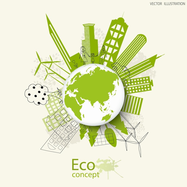 環境にやさしい世界都市のソーラーパネル、風車、地球上の木エコロジカル