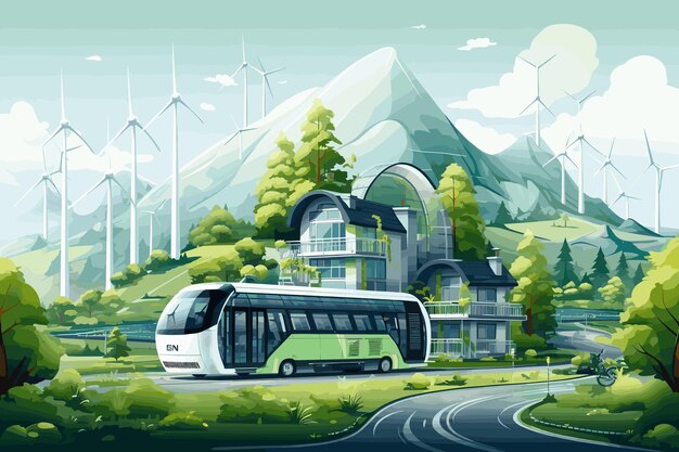 Vector environmentally sustainable futuristic city and home illustration on natural background