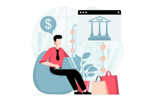 Vector epayment concept with people scene in flat design man makes online shopping and pays for purchases with credit card receiving cashback from bank vector illustration with character situation for web