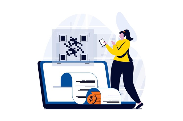 Vector epayment process concept with people scene in flat cartoon design woman receives invoice for payment and pays online scans qr code using smartphone vector illustration visual story for web
