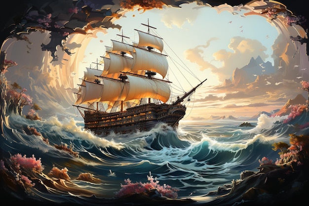 Vector epic beautiful oil painting of a waterlevel view of turbulent swells of a violent ocean storm dram