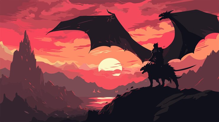 Vector epic black knight riding dragon flying in sun