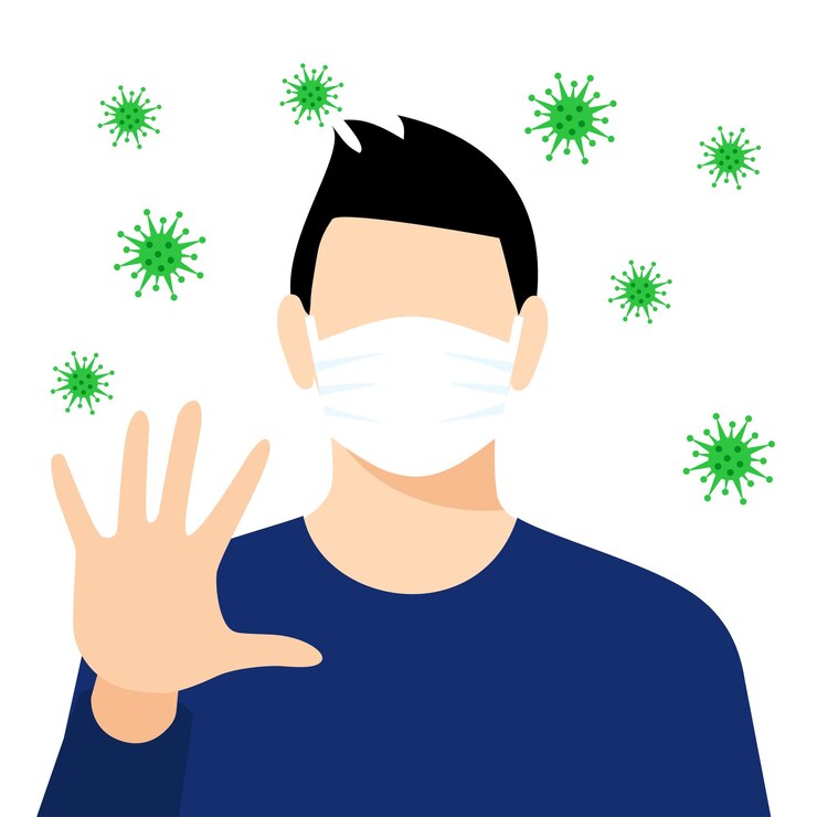 वेक्टर epidemic outbreak young men wearing mask and showing stop gesture on the white background