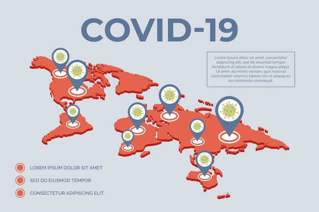 Epidemie van Covid-19 verspreid over de hele wereld vlakke afbeelding. Wereldwijd pandemisch concept met typografie.