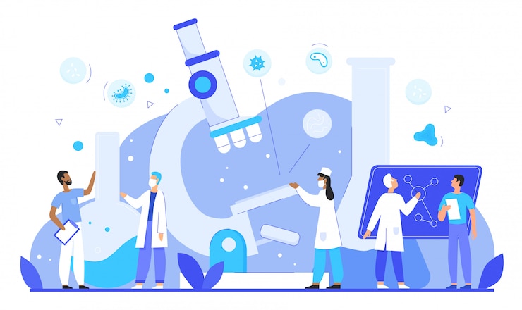 Vector epidemiologen onderzoeken pathogenen in concept van de laboratorium het vlakke karakter vectorillustratie
