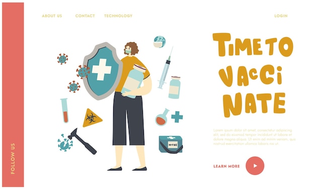 Vector epidemiology and vaccination landing page template. female character holding huge shield and bottle with vaccine protecting of bacteria. prevention of virus infection. linear vector illustration