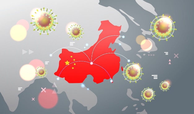 Epidemische griep verspreiding van de wereld drijvende griepvirus cellen wuhan coronavirus pandemie medische gezondheidsrisico chinese kaart horizontaal