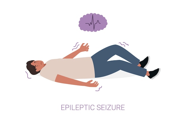 Epileptic seizure man laying on the floor and shaking epilepsy vector illustration