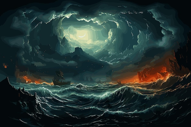 Vector epische achtergrond storm in de zee digitale illustratie digitale schilderij