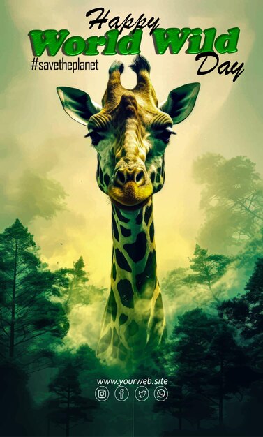 EPS poster for world wild day with a giraffe in green trees forest image