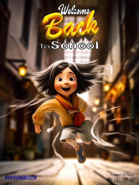 EPS posters greeting back to school cartoon girl with school uniform running back to school